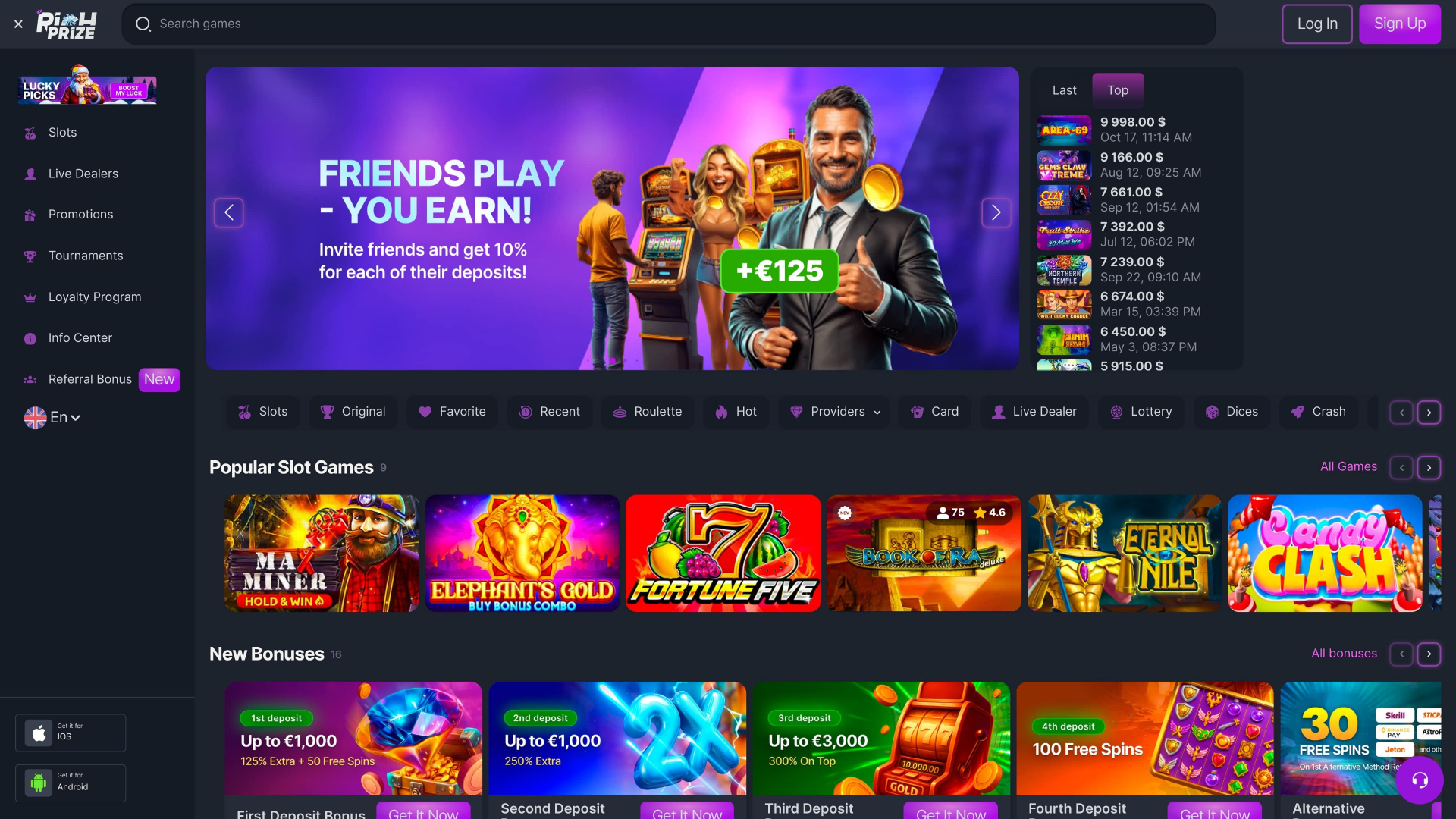 Página de inicio de RichPrize Casino para escritorio