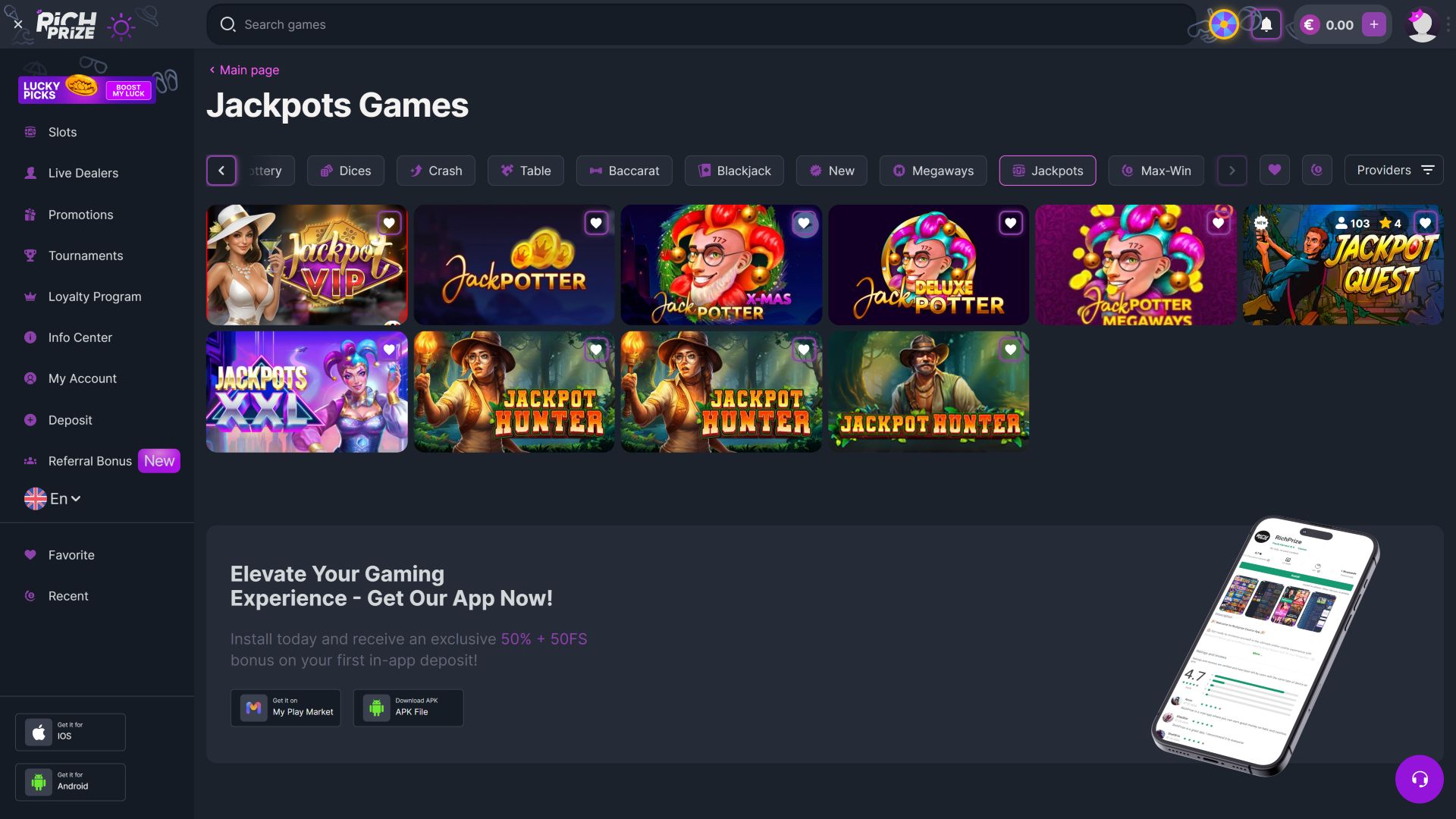 Джекпот RichPrize Casino для настольных компьютеров