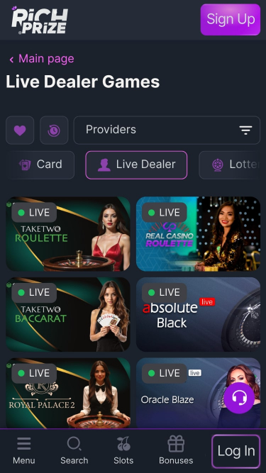 Casino móvil RichPrize con crupier en vivo