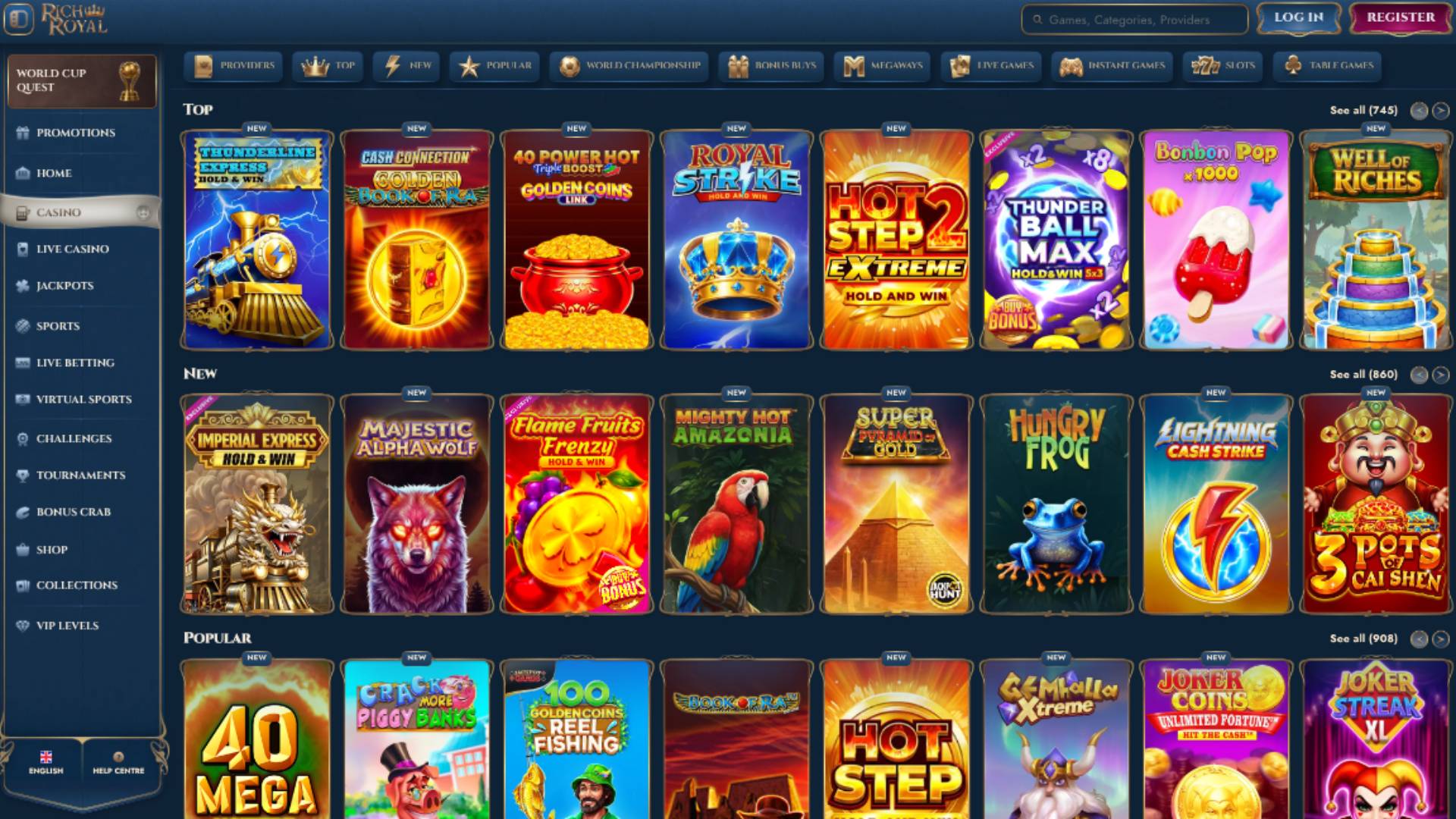 Capture d'écran de la page de jeux du casino Rich Royal