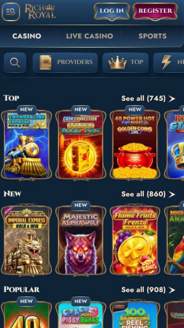 Capture d'écran de la page mobile du jeu Rich Royal Casino