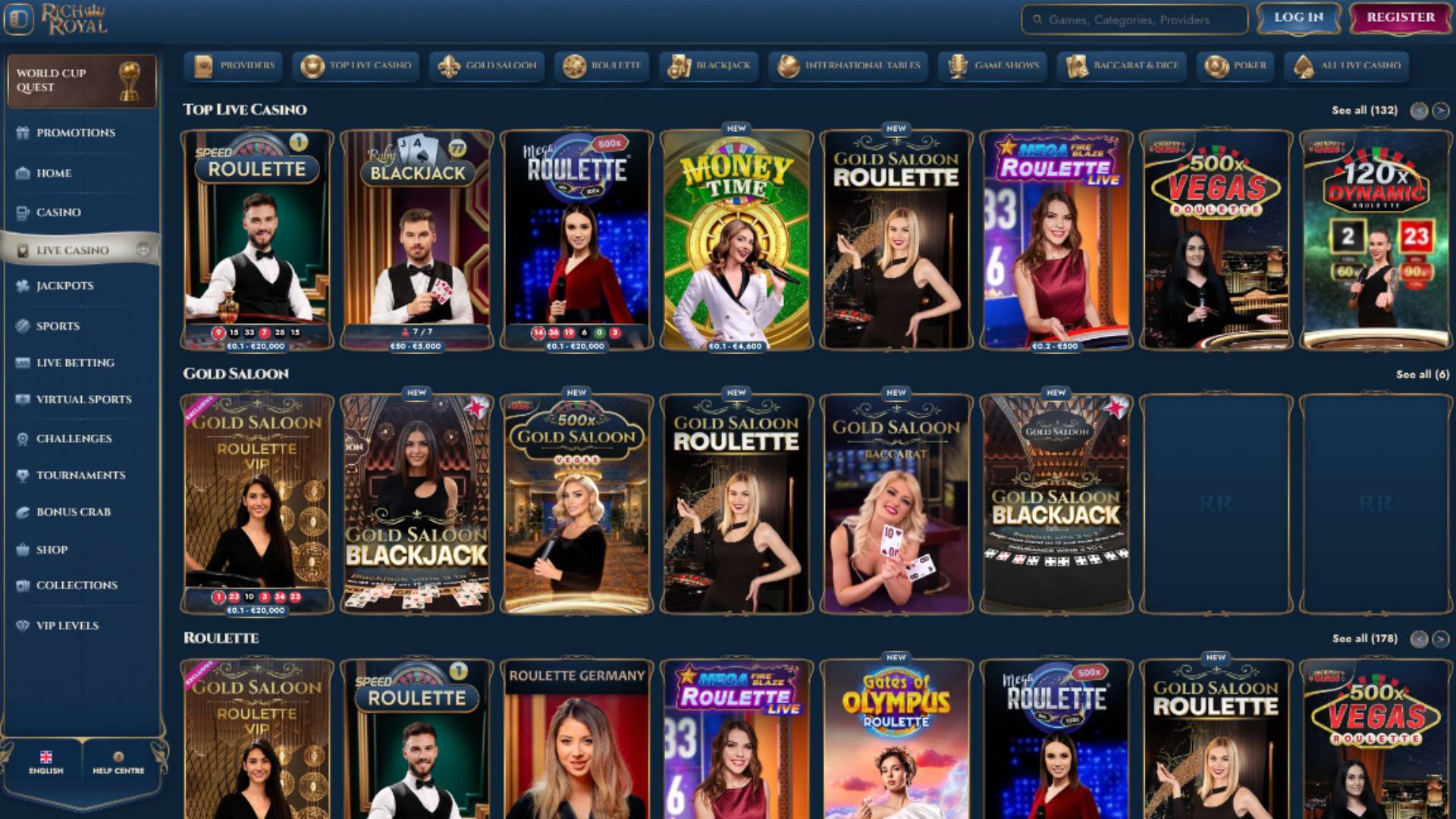 Capture d'écran de la page en direct du casino Rich Royal