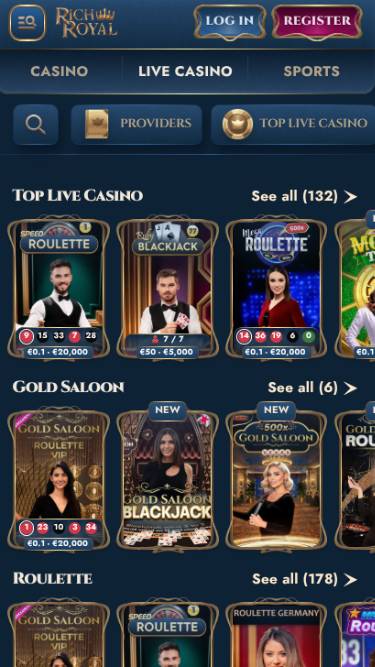 Capture d'écran de la page mobile en direct du casino Rich Royal