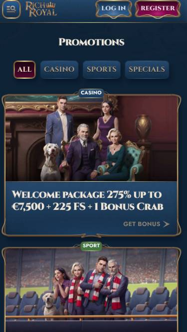 Capture d'écran de la page mobile des promotions du casino Rich Royal