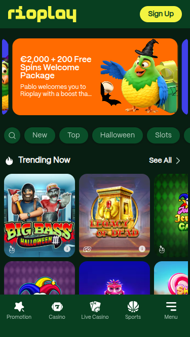 Screenshot della homepage di Rioplay Casino per dispositivi mobili