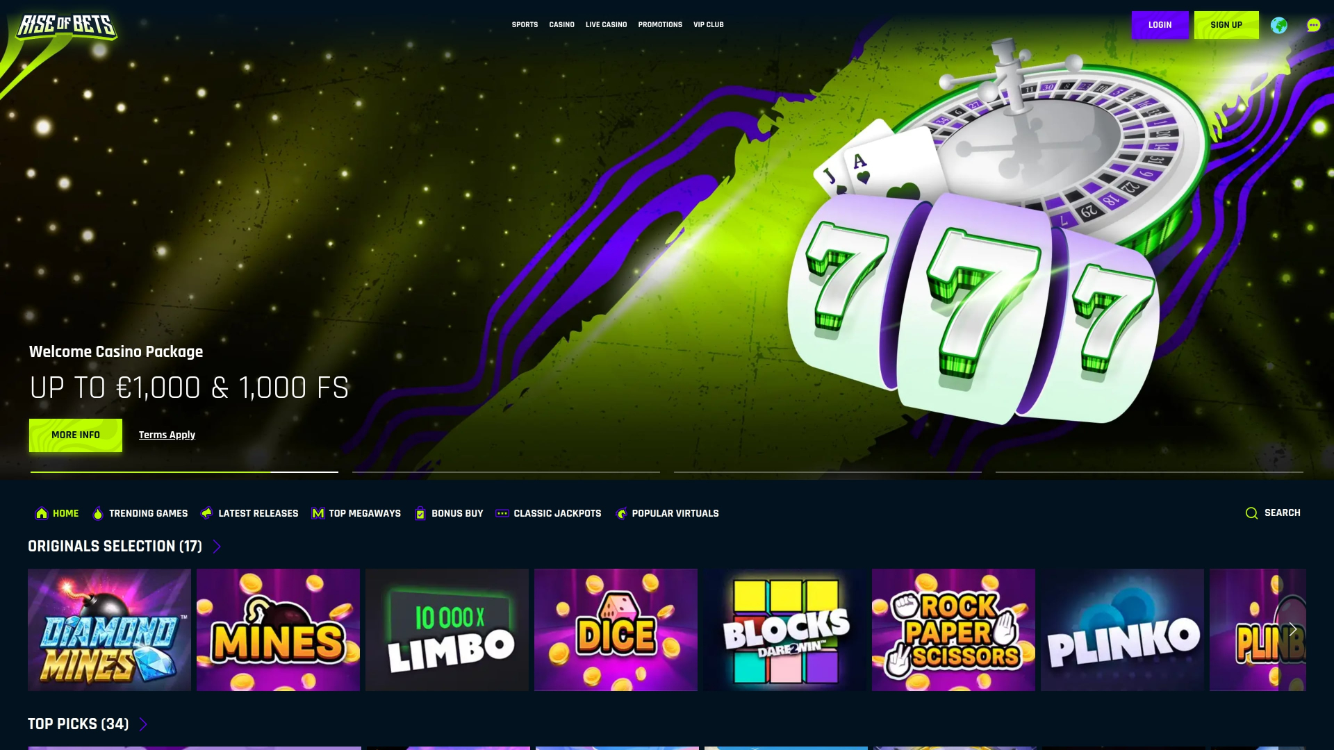 Rise of Bets Casino Desktop Homepage