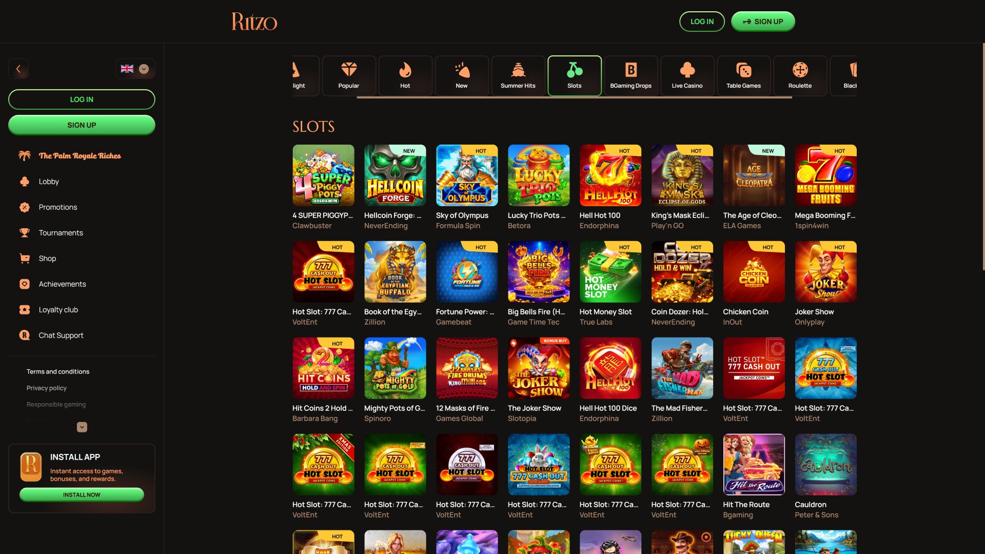 Jeux de casino Ritzo sur ordinateur
