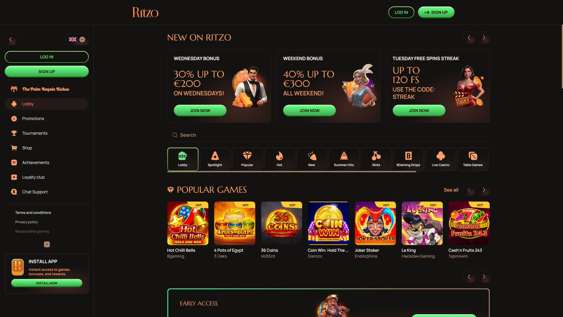 Page d'accueil du casino Ritzo (ordinateur de bureau)