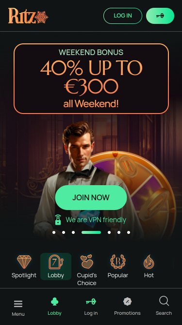 Page d'accueil mobile du casino Ritzo