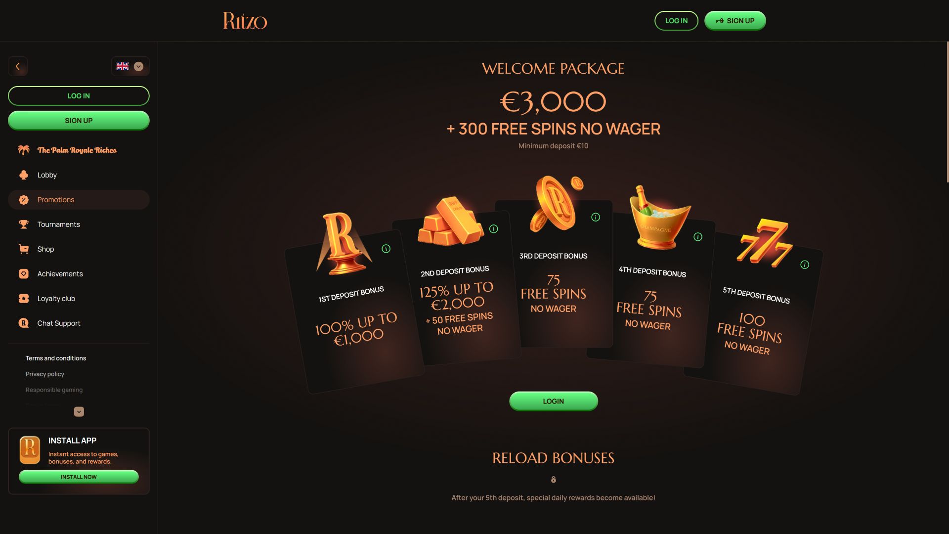 Promotions sur ordinateur du casino Ritzo