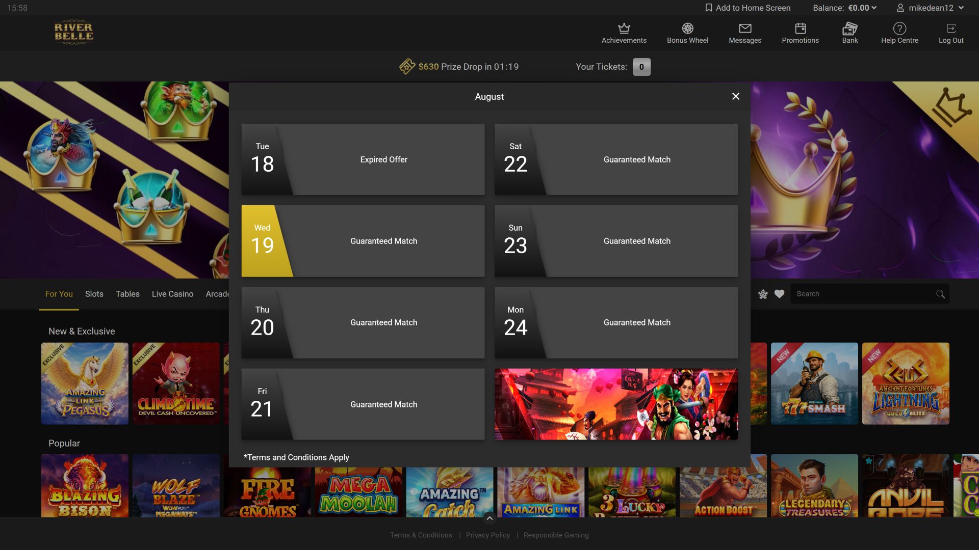 Riverbelle Casino Desktop-Aktionen
