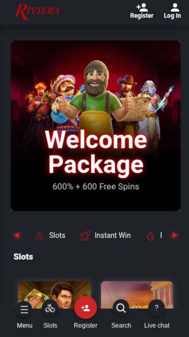 Captura de pantalla de la página de inicio móvil de Riviera Casino