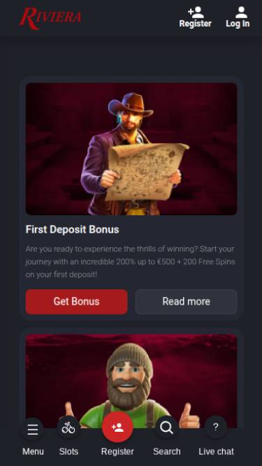 Captura de pantalla de la página móvil de promociones de Riviera Casino