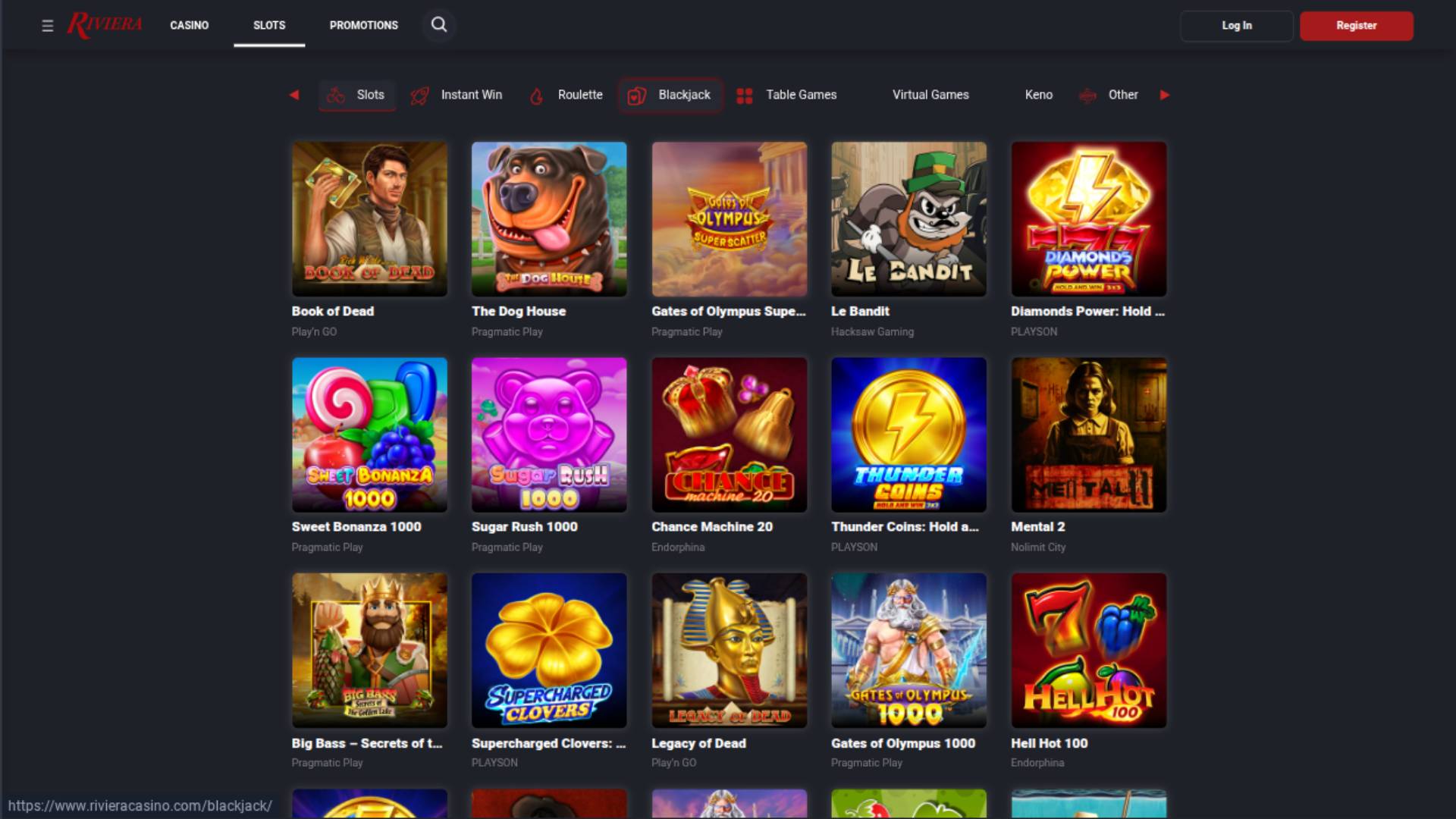 Captura de pantalla de la página de juegos de Riviera Casino
