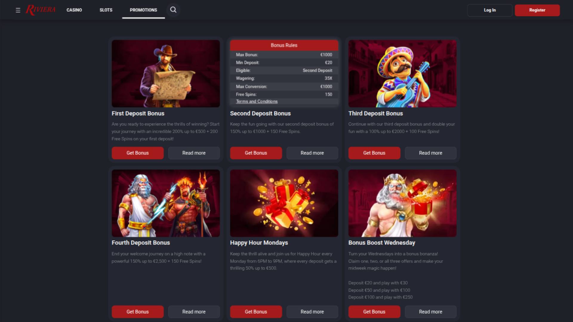 Captura de pantalla de la página de promociones de Riviera Casino