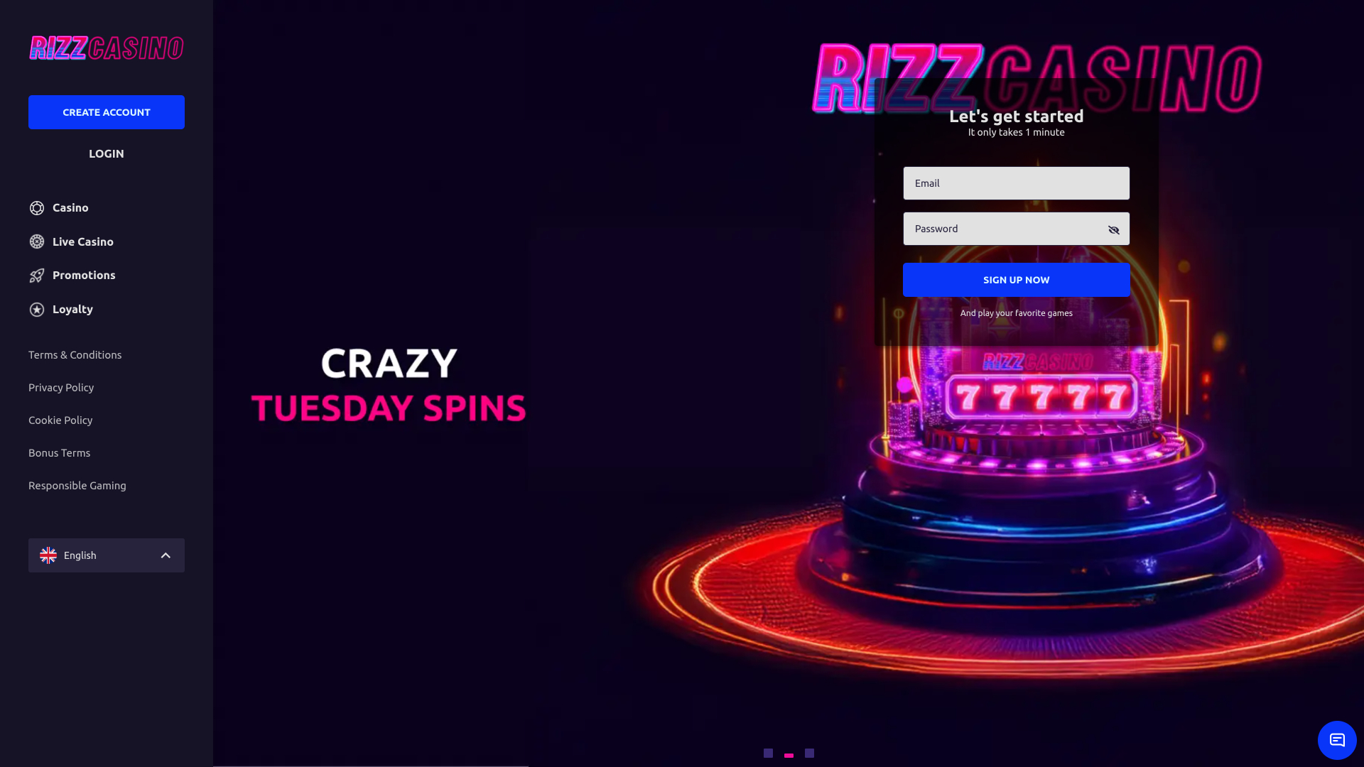 Homepage desktop di Rizz Casino