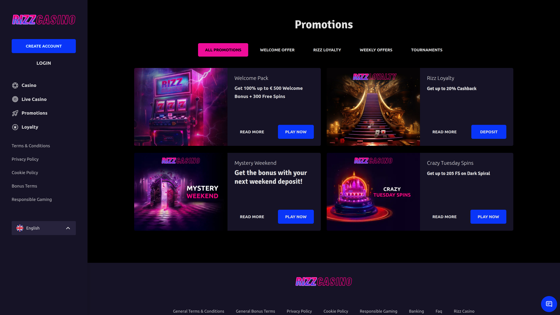 Promozioni desktop di Rizz Casino