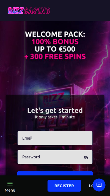Homepage mobile di Rizz Casino