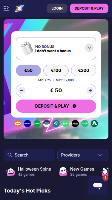 Screenshot der Startseite von Rizzio.io Casino für Mobilgeräte