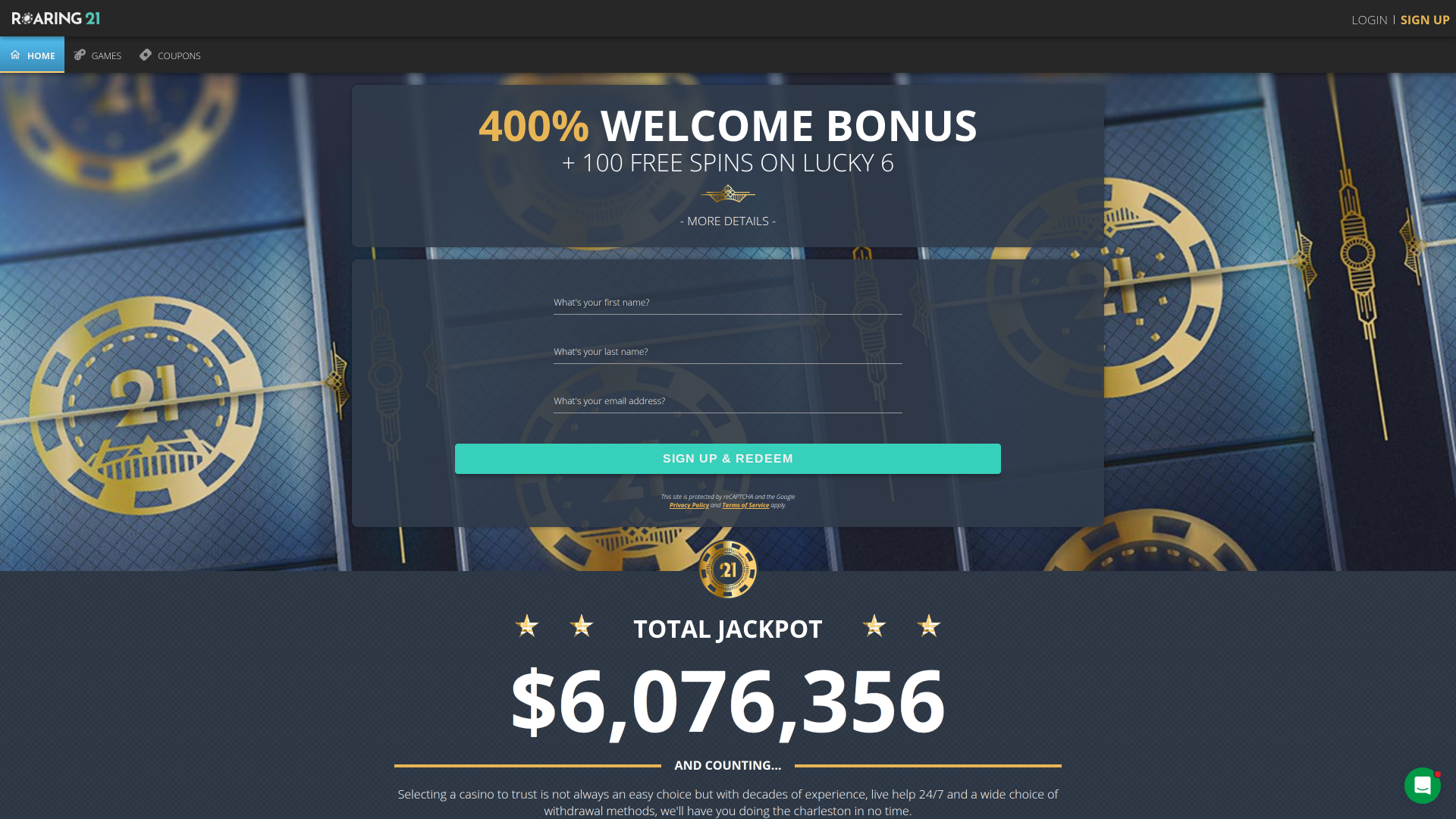 Page d'accueil du casino Roaring 21 pour ordinateur