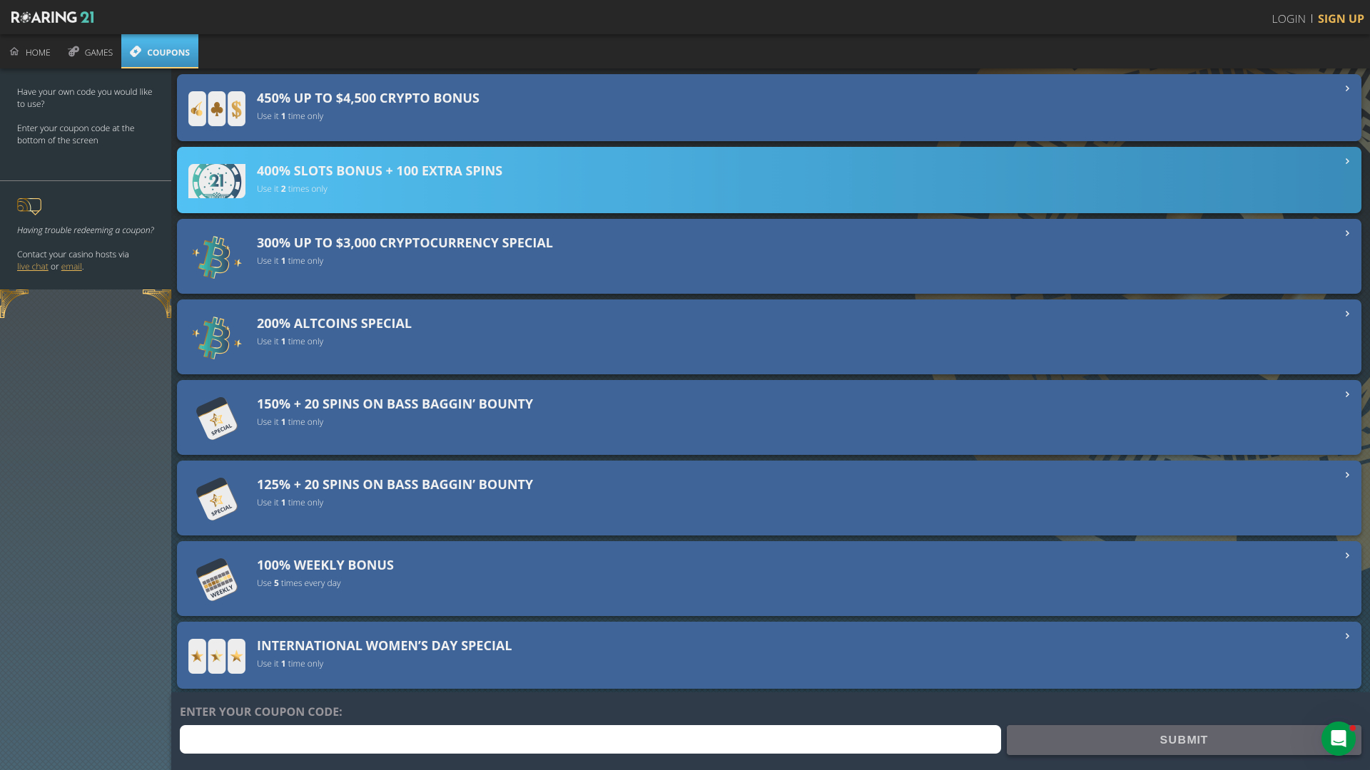 Promotions sur ordinateur du casino Roaring 21