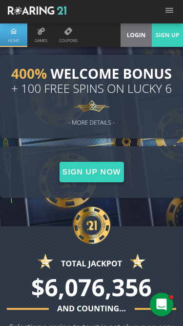 Page d'accueil mobile du casino Roaring 21