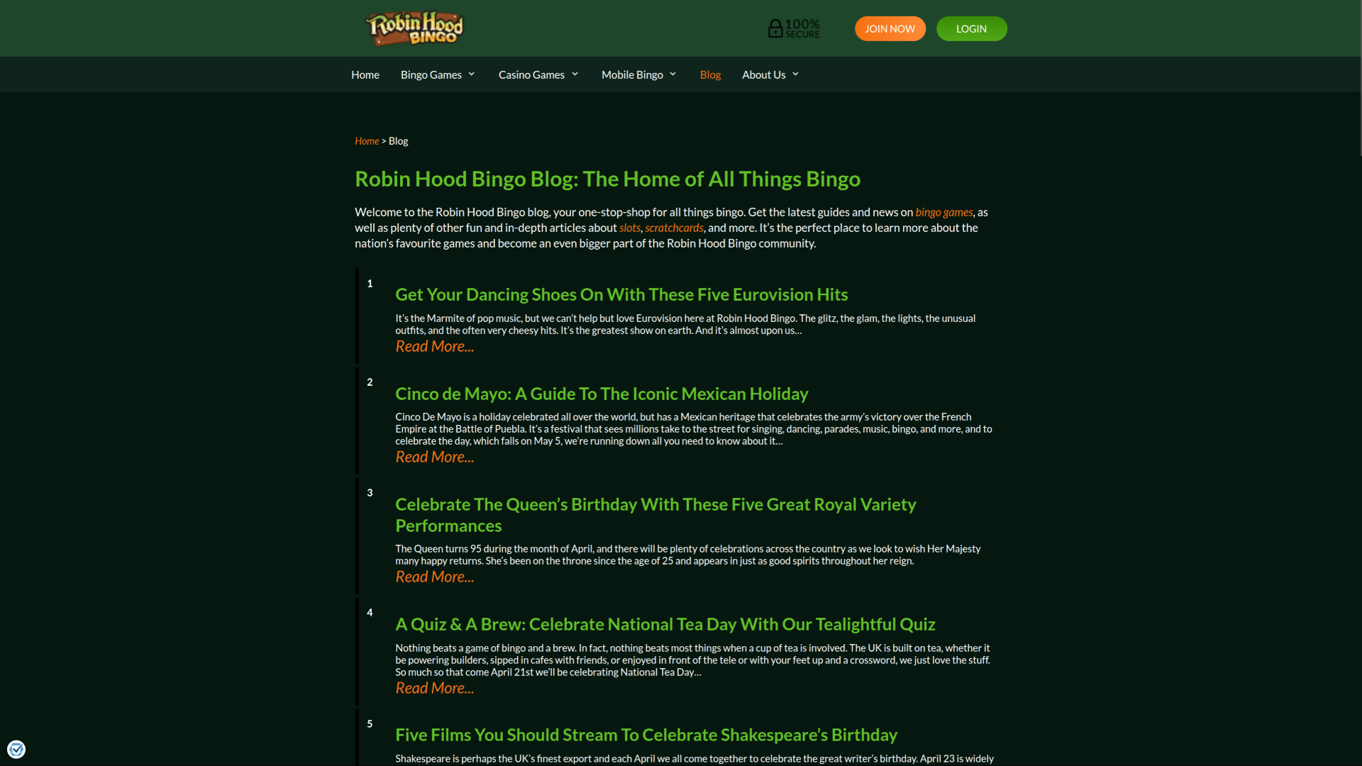 Blog de Robin Hood Bingo Casino pour ordinateur