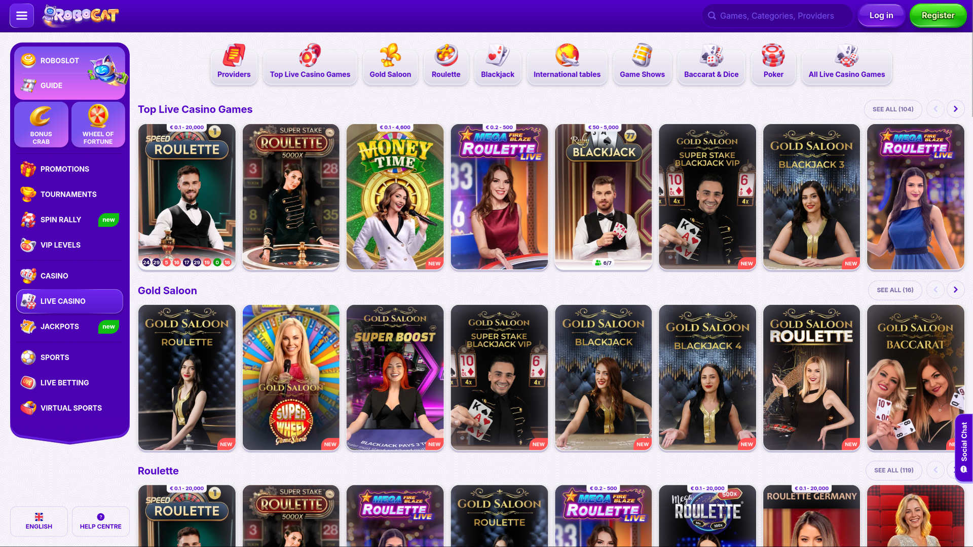 Casino Robocat pour ordinateur avec croupier en direct