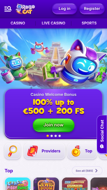 Page d'accueil mobile de Robocat Casino
