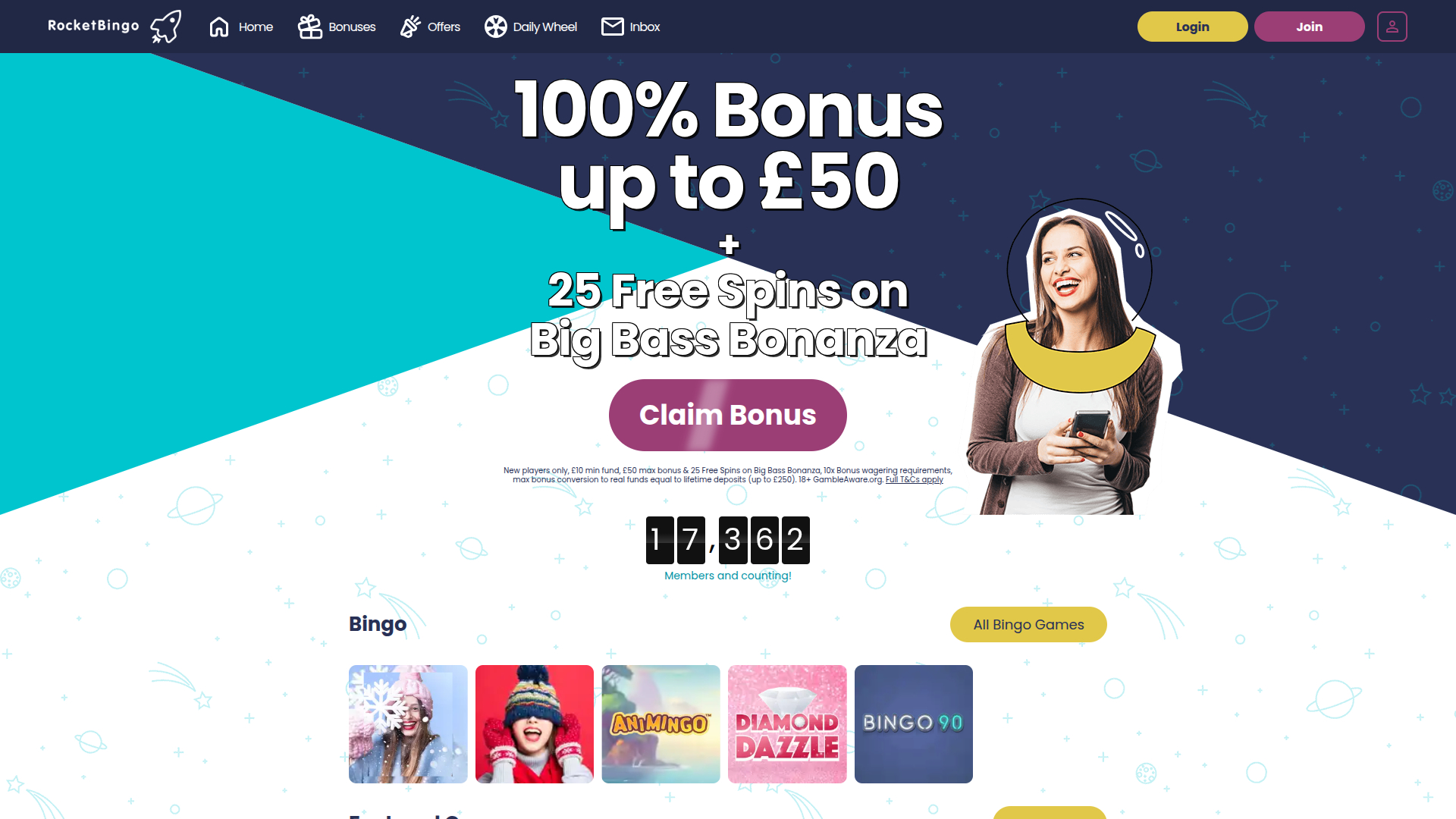 Page d'accueil du casino Rocket Bingo pour ordinateur