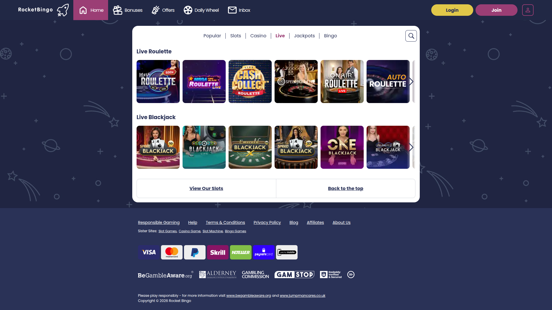 Rocket Bingo Casino sur ordinateur avec croupier en direct