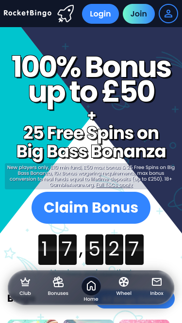 Rocket Bingo Casino Mobile Homepage