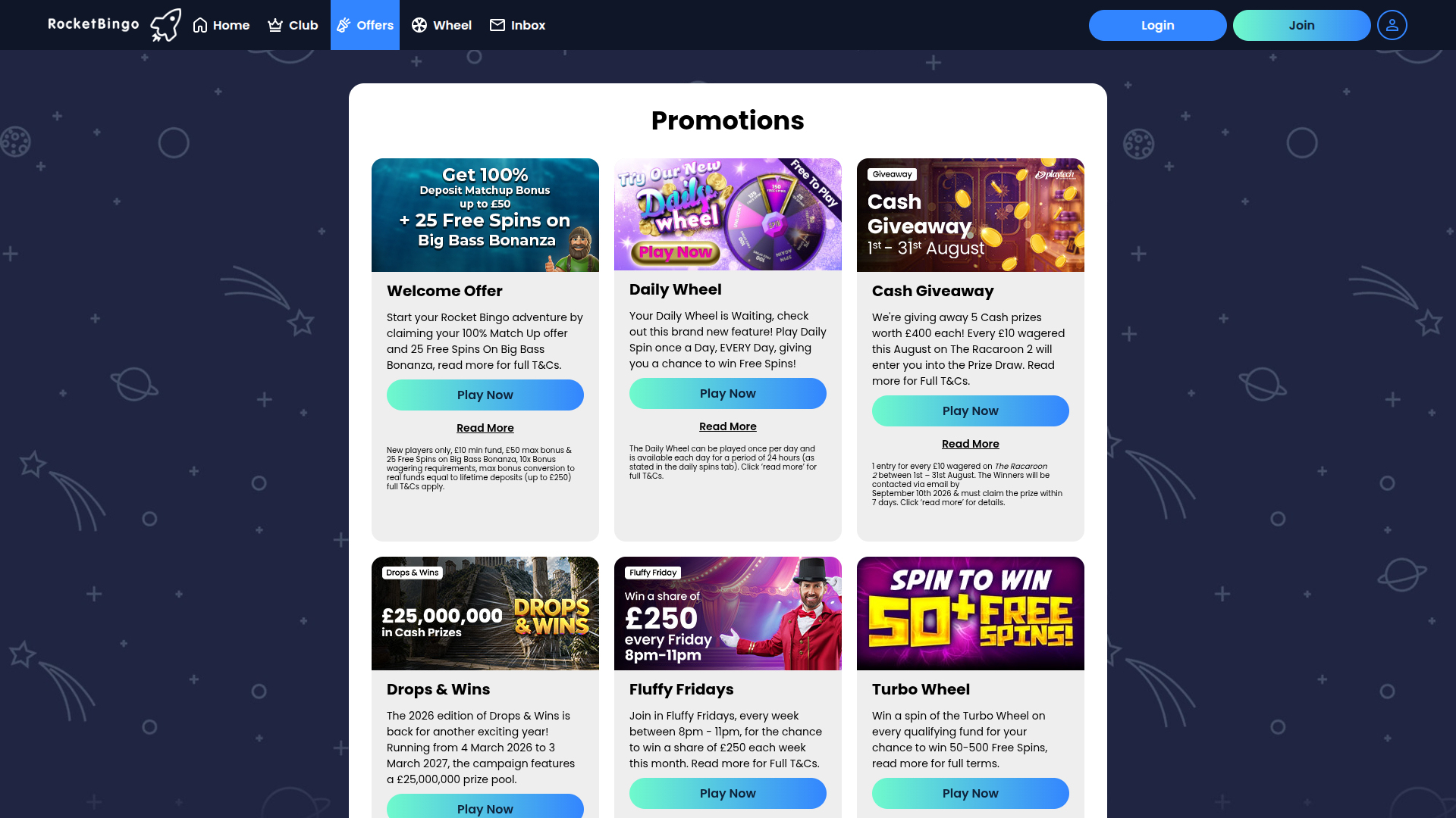 Rocket Bingo Casino Desktop-Aktionen