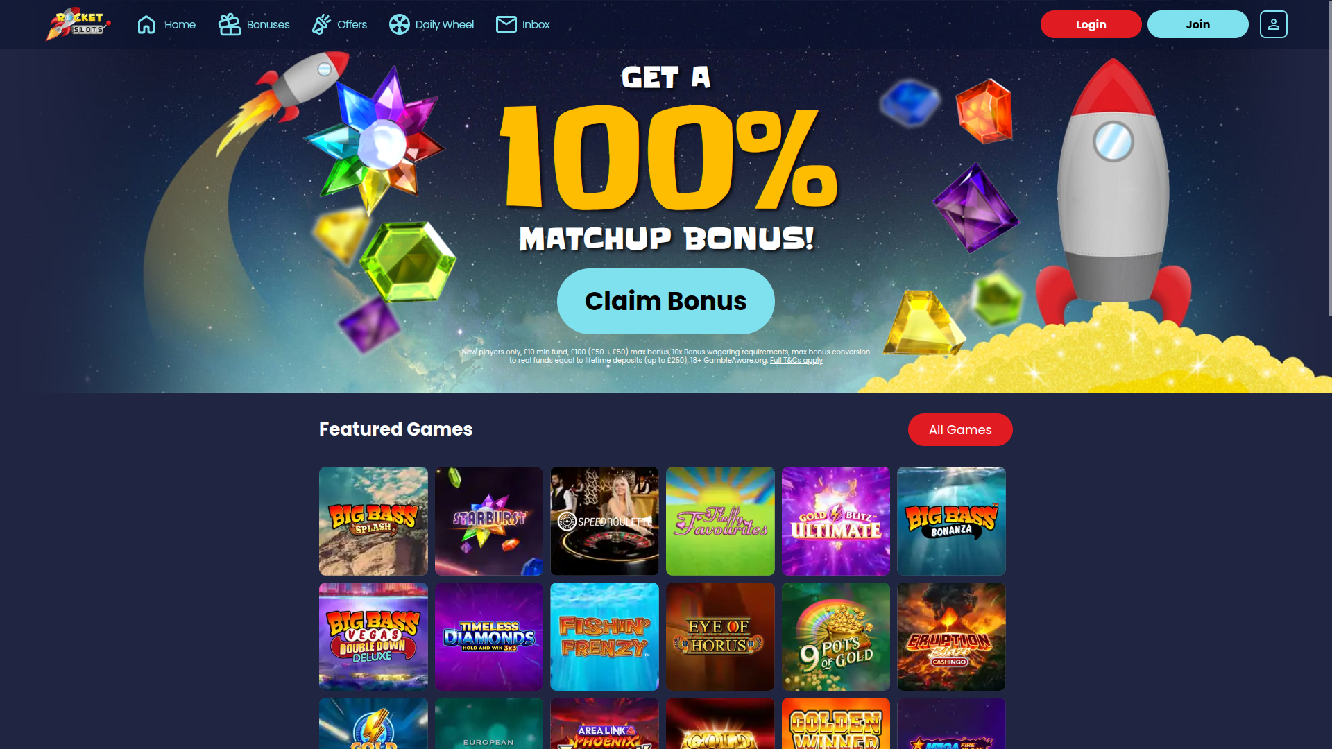 Page d'accueil du casino Rocket Slots pour ordinateur