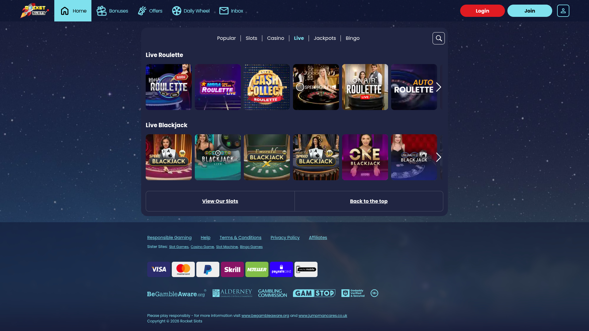 Casino Rocket Slots sur ordinateur avec croupier en direct