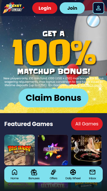 Page d'accueil mobile du casino Rocket Slots