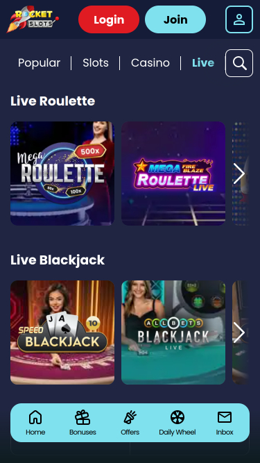 Casino Rocket Slots Mobile avec croupier en direct