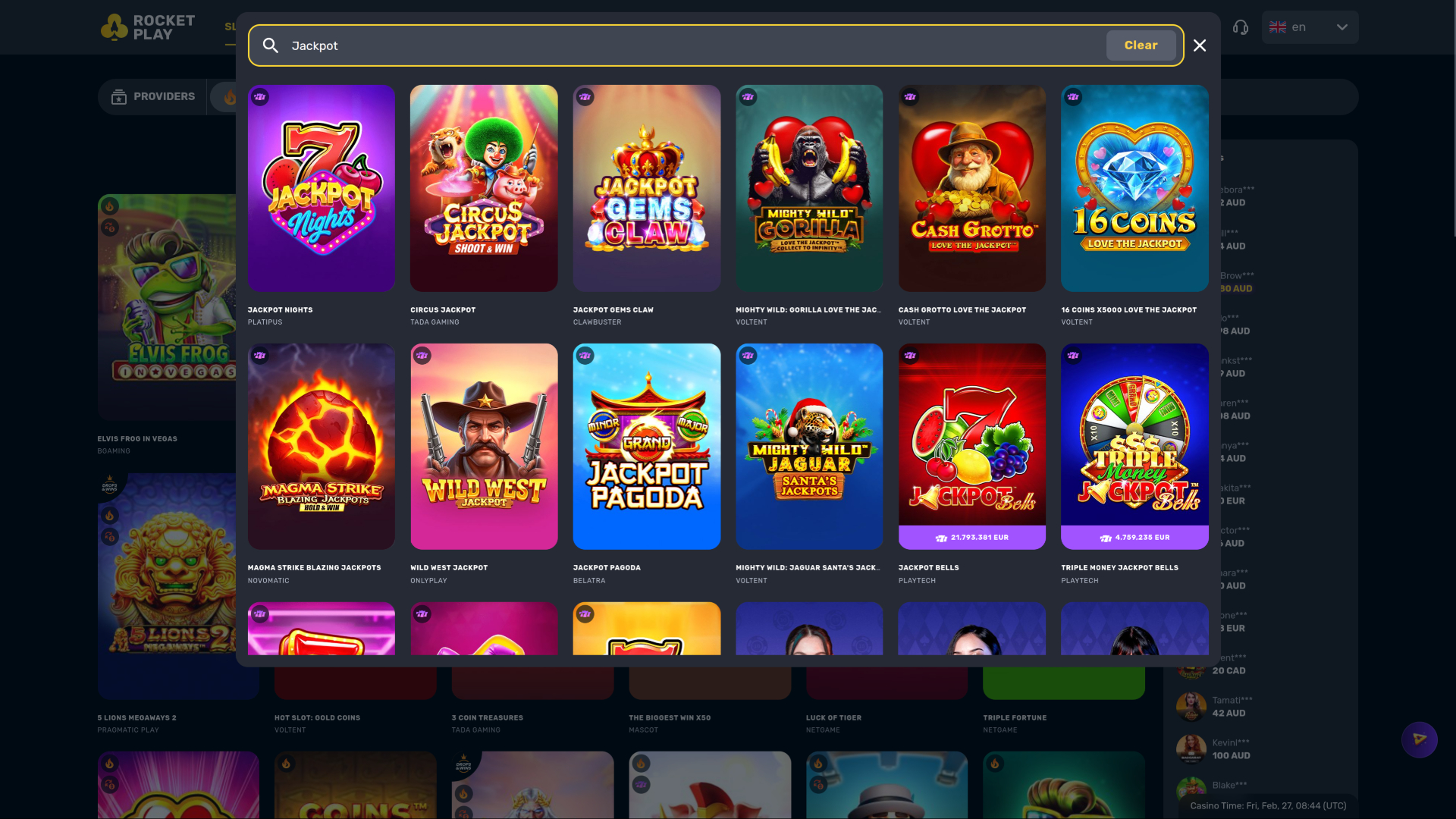 Jackpot du casino RocketPlay sur ordinateur