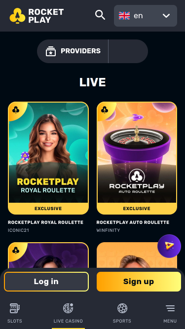 Casino mobile RocketPlay avec croupier en direct