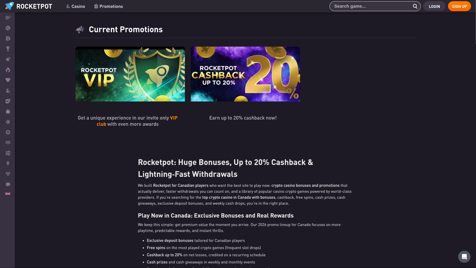 Rocketpot Casino Desktop Promotions