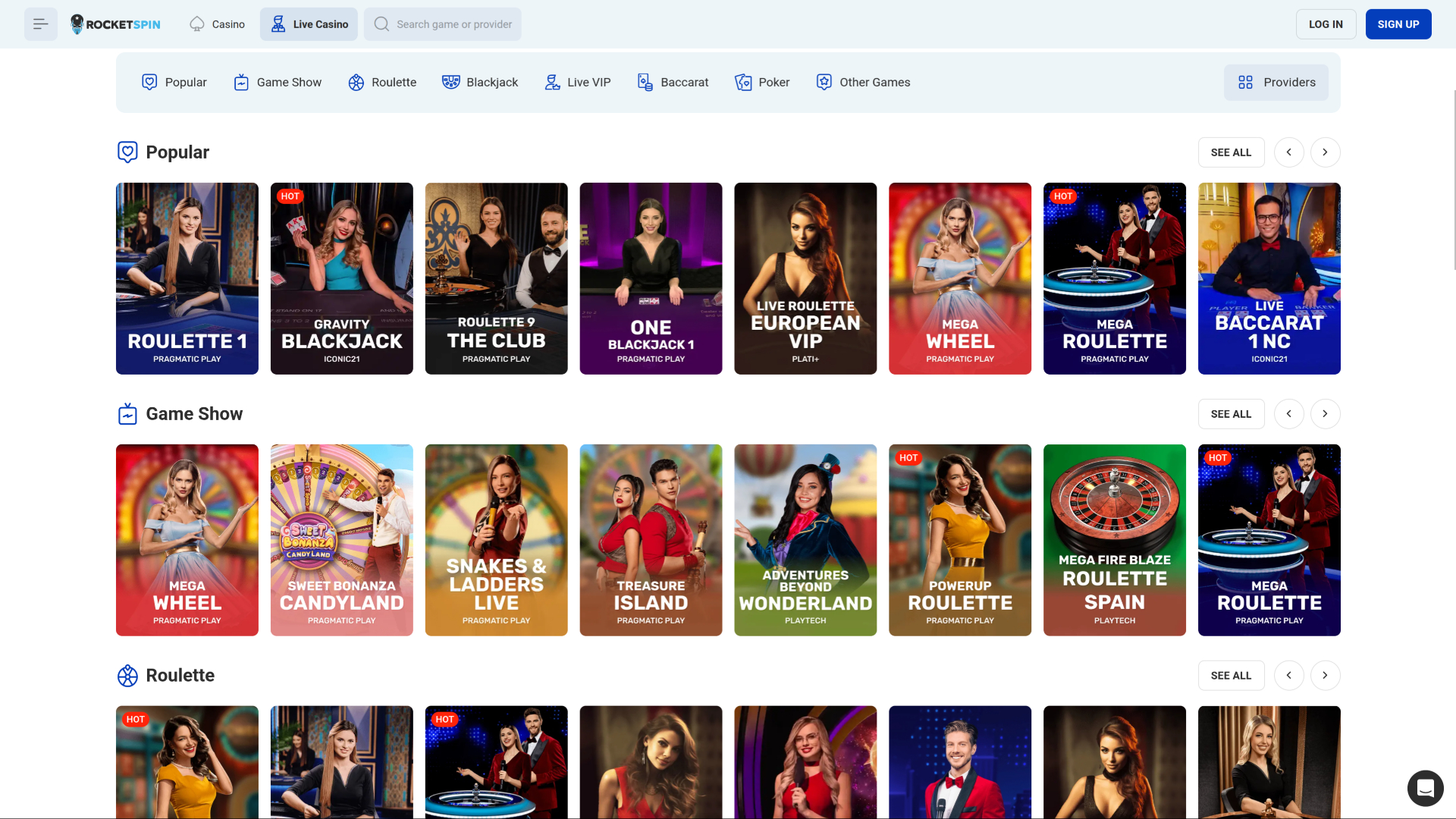 Rocketspin Casino Desktop Live dealer