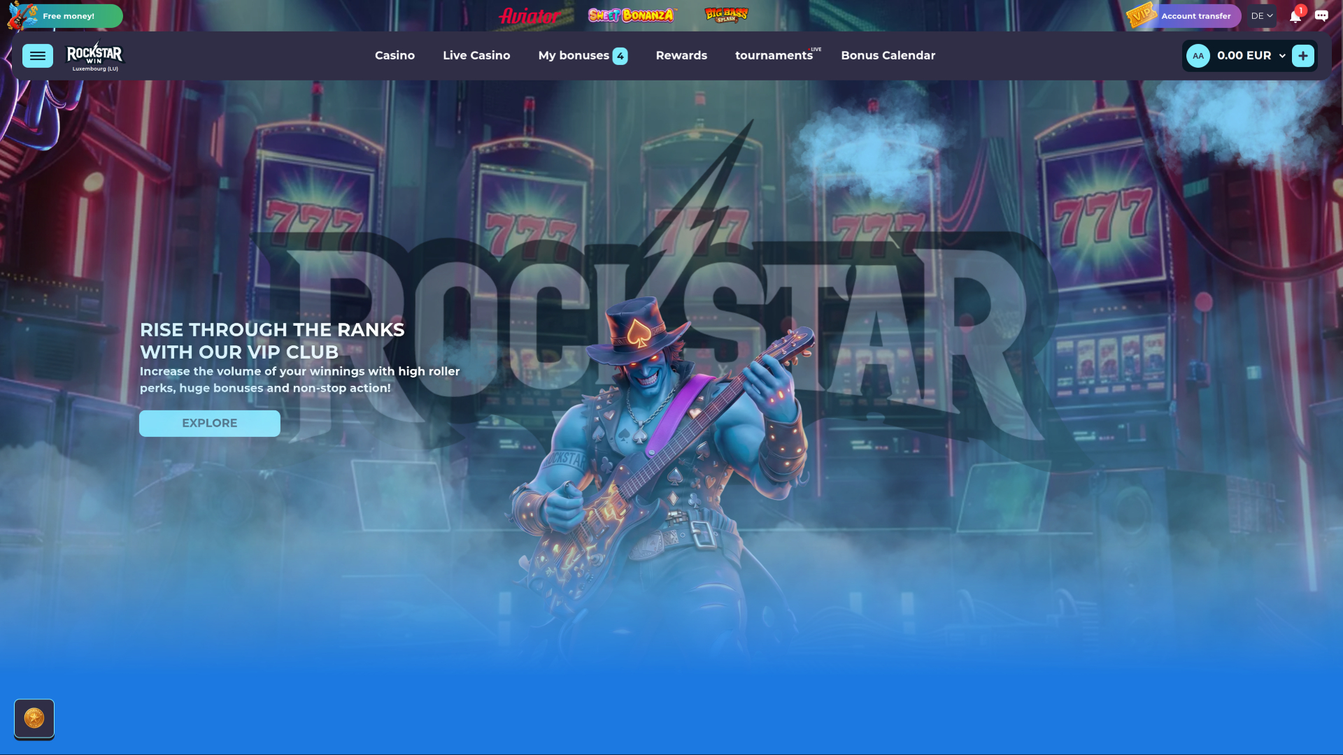 Page d'accueil du casino RockstarWin pour ordinateur
