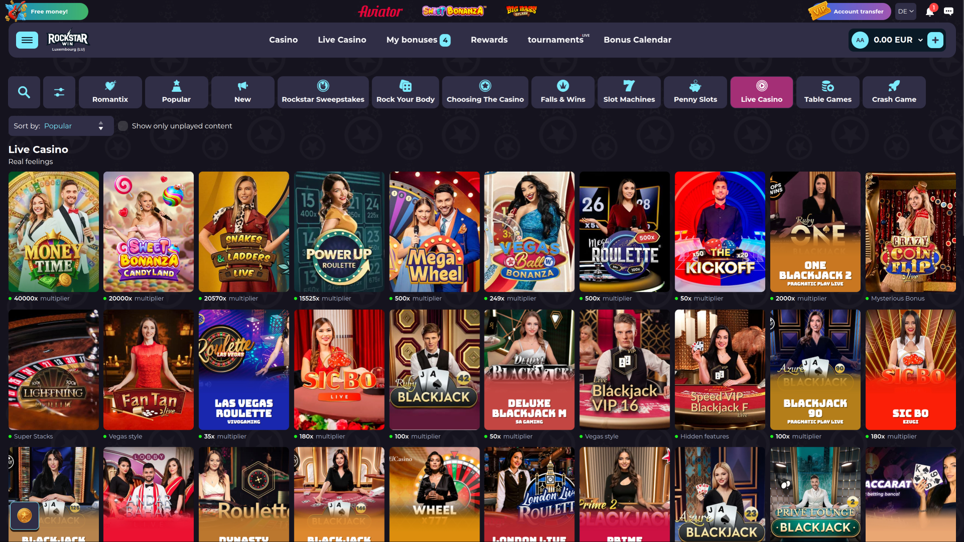 Casino RockstarWin sur ordinateur avec croupier en direct