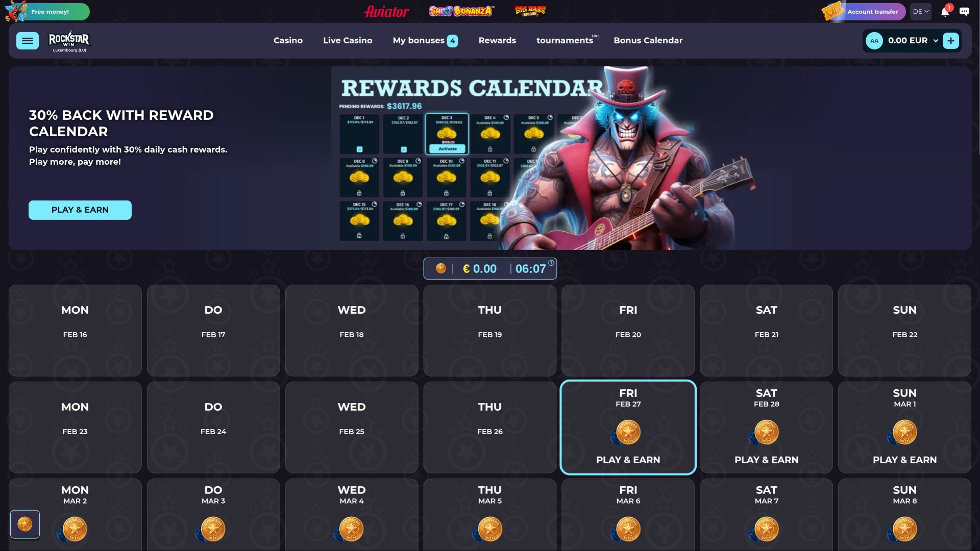 Calendrier des récompenses RockstarWin Casino pour ordinateur
