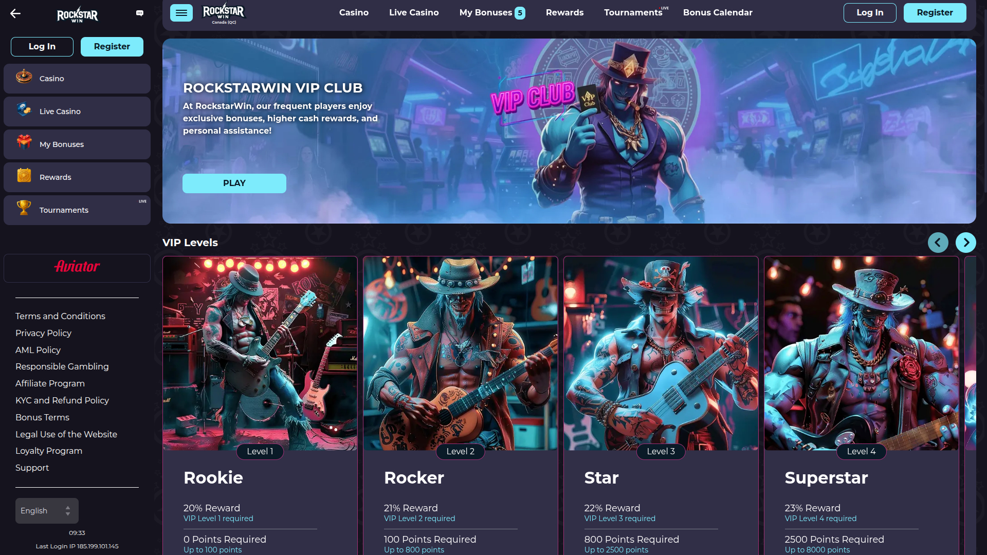 Programme VIP pour ordinateur de bureau du casino RockstarWin