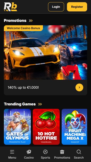 Page d'accueil mobile du casino Roibets