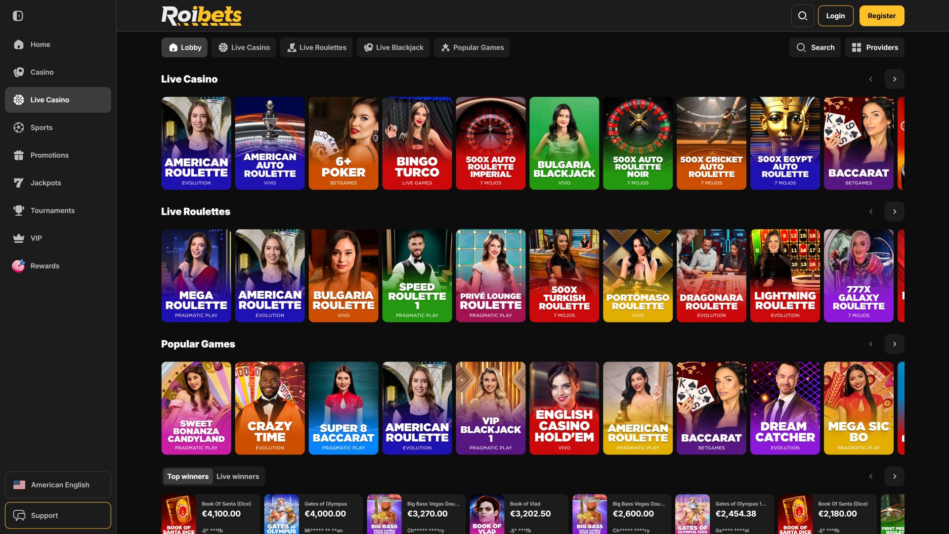 Roibets Casino sur ordinateur avec croupier en direct