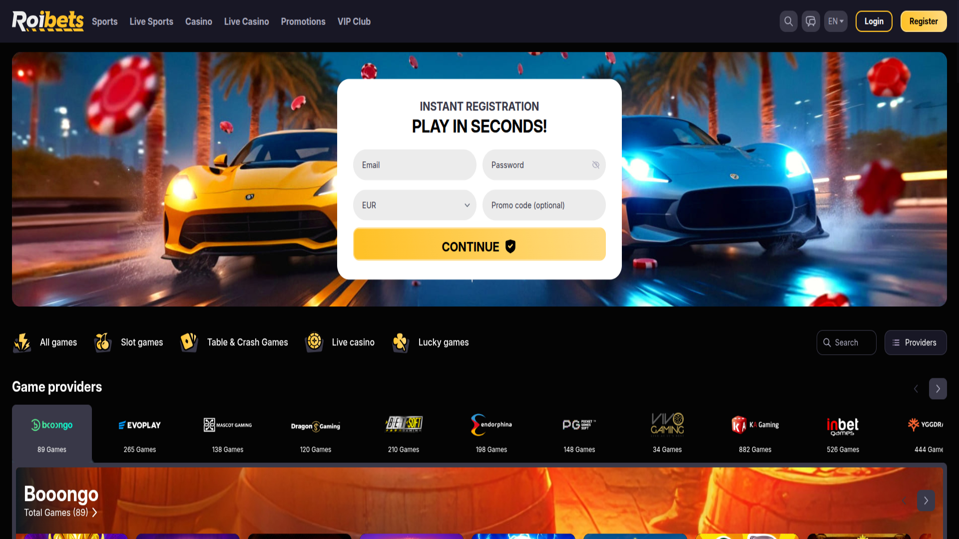Screenshot della homepage di Roibets Casino per desktop