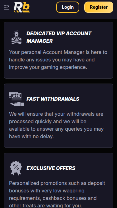 Screenshot VIP di Roibets Casino per dispositivi mobili