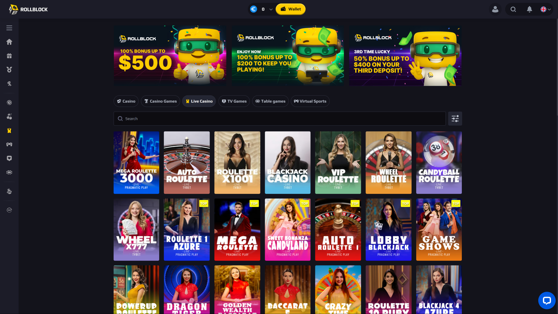 RollBlock Casino Desktop с живым дилером